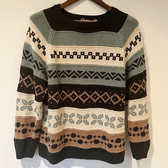 Vintage Sweaters - Neutral Chunky Knit Patterned Striped Holiday Sweater